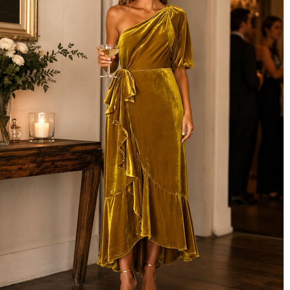 J.Crew Collection Silk Velvet One-Shoulder Maxi Dress Citron Green Gold 4 BN646